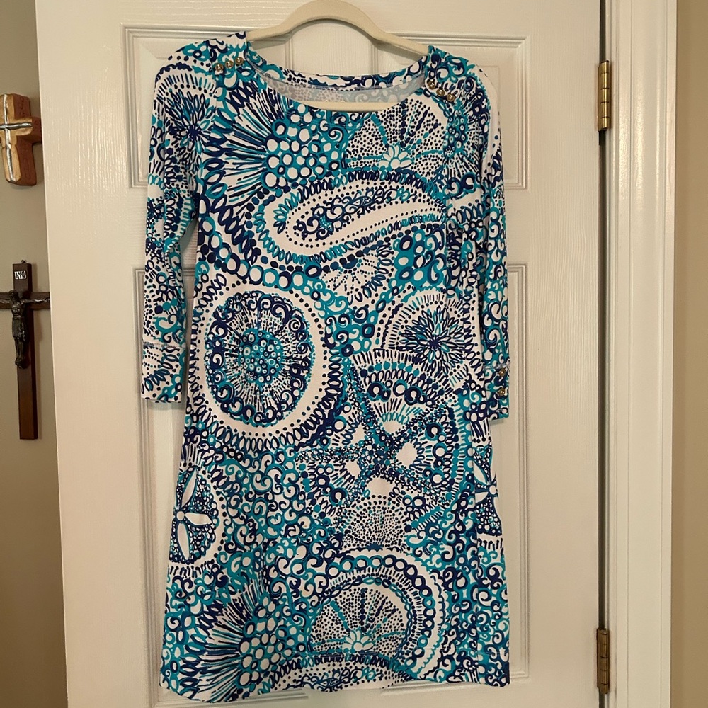 Lilly Pulitzer Blue and White Dress three quarter length sleeve